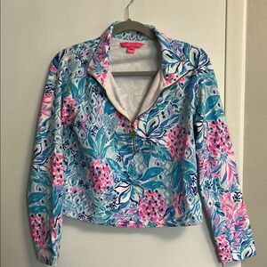 Lilly Pulitzer Blue and Pink Graphic Polo Sweatshirt